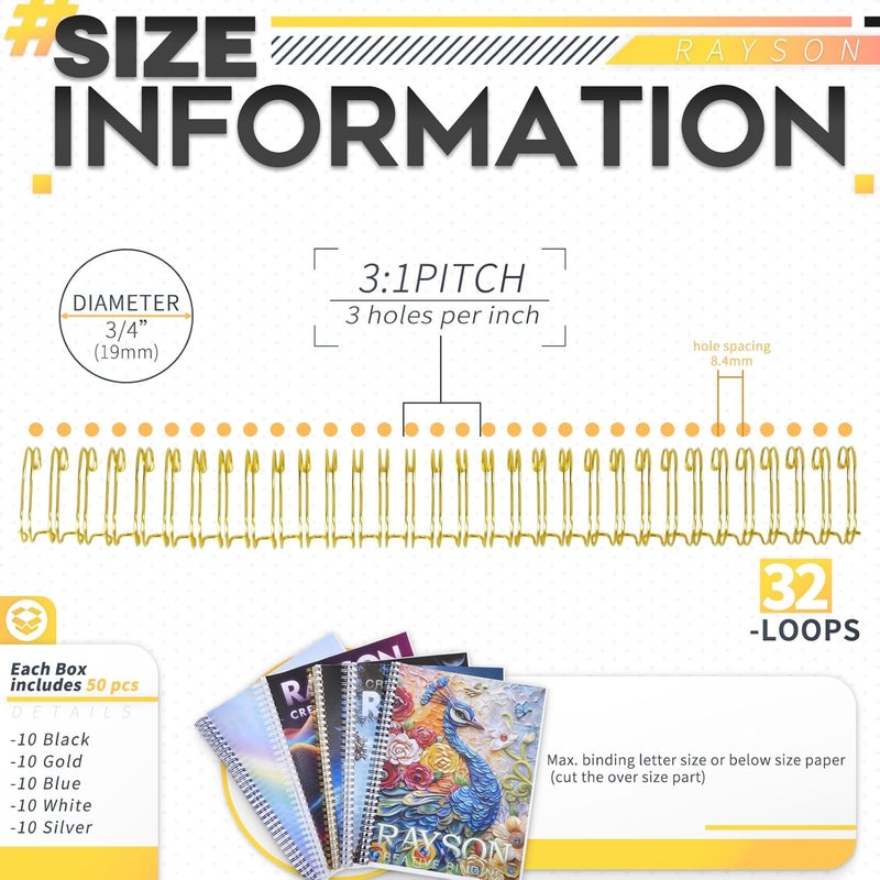 RAYSON WR3219M Wire Binding Spines, Multicolor, 3:1 Pitch Double Loop Binding Wires 3/4 Inch, 32-Loop Wire Ring Pack of 50 with Black, Gold, Blue, White, Silver - Image 2